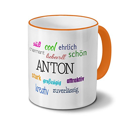 Tasse mit Namen Anton - Positive Eigenschaften von Anton - Namenstasse, Kaffeebecher, Mug, Becher, Kaffeetasse - Farbe Orange von printplanet