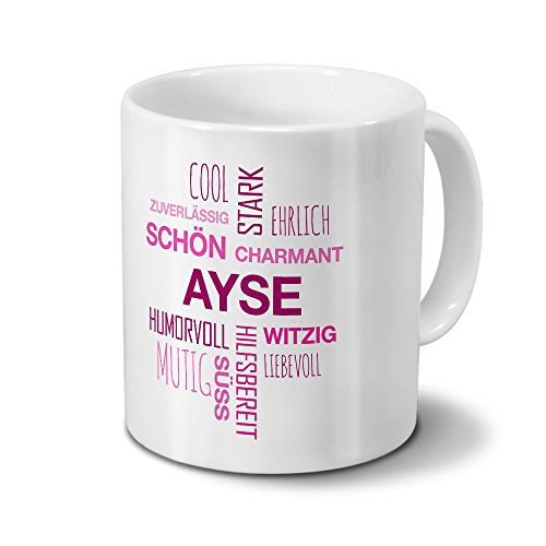Tasse mit Namen Ayse Positive Eigenschaften Tagcloud - Pink - Namenstasse, Kaffeebecher, Mug, Becher, Kaffeetasse von printplanet