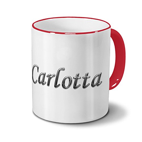 Tasse mit Namen Carlotta - Motiv Chrom-Schriftzug - Namenstasse, Kaffeebecher, Mug, Becher, Kaffeetasse - Farbe Rot von printplanet