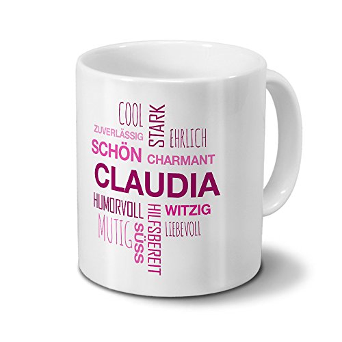printplanet Tasse mit Namen Claudia Positive Eigenschaften Tagcloud - Pink - Namenstasse, Kaffeebecher, Mug, Becher, Kaffeetasse von printplanet