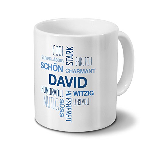 printplanet Tasse mit Namen David Positive Eigenschaften Tagcloud - Blau - Namenstasse, Kaffeebecher, Mug, Becher, Kaffeetasse von printplanet