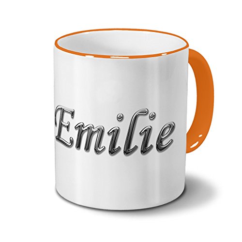 Tasse mit Namen Emilie - Motiv Chrom-Schriftzug - Namenstasse, Kaffeebecher, Mug, Becher, Kaffeetasse - Farbe Orange von printplanet