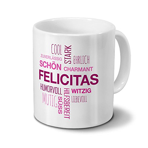 Tasse mit Namen Felicitas Positive Eigenschaften Tagcloud - Pink - Namenstasse, Kaffeebecher, Mug, Becher, Kaffeetasse von printplanet