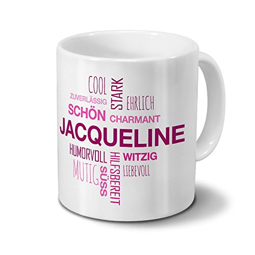 printplanet Tasse mit Namen Jacqueline Positive Eigenschaften Tagcloud - Pink - Namenstasse, Kaffeebecher, Mug, Becher, Kaffeetasse von printplanet