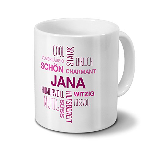 printplanet Tasse mit Namen Jana Positive Eigenschaften Tagcloud - Pink - Namenstasse, Kaffeebecher, Mug, Becher, Kaffeetasse von printplanet