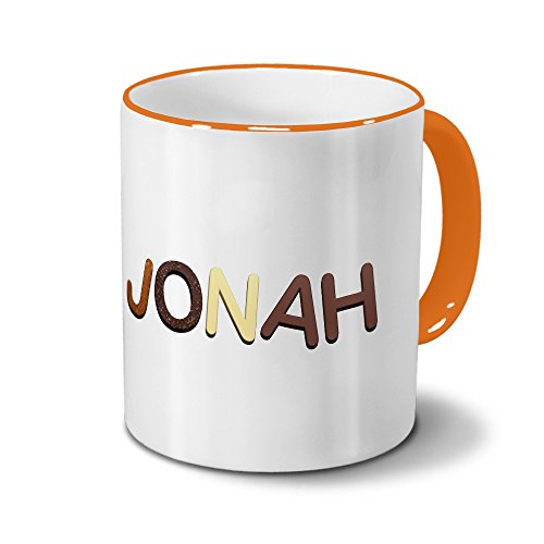 Tasse mit Namen Jonah - Motiv Schokoladenbuchstaben - Namenstasse, Kaffeebecher, Mug, Becher, Kaffeetasse - Farbe Orange von printplanet