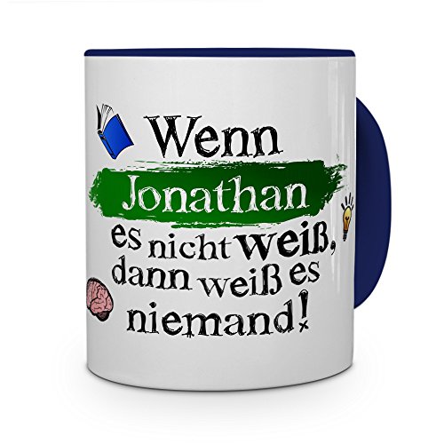 Tasse mit Namen Jonathan - Layout: Wenn Jonathan es nicht weiß, dann weiß es niemand - Namenstasse, Kaffeebecher, Mug, Becher, Kaffee-Tasse - Farbe Blau von printplanet