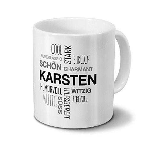 Tasse mit Namen Karsten Positive Eigenschaften Tagcloud - Schwarz - Namenstasse, Kaffeebecher, Mug, Becher, Kaffeetasse von printplanet