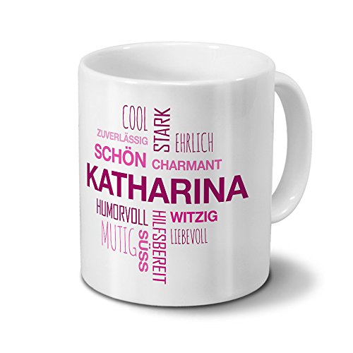 printplanet Tasse mit Namen Katharina Positive Eigenschaften Tagcloud - Pink - Namenstasse, Kaffeebecher, Mug, Becher, Kaffeetasse von printplanet