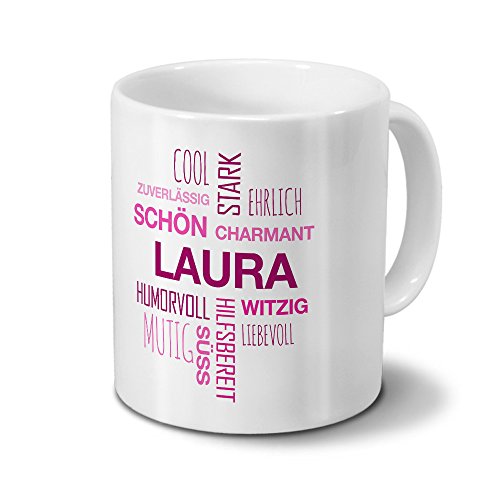 printplanet Tasse mit Namen Laura Positive Eigenschaften Tagcloud - Pink - Namenstasse, Kaffeebecher, Mug, Becher, Kaffeetasse von printplanet