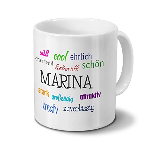 printplanet Tasse mit Namen Marina - Positive Eigenschaften von Marina - Namenstasse, Kaffeebecher, Mug, Becher, Kaffeetasse - Farbe Weiß von printplanet