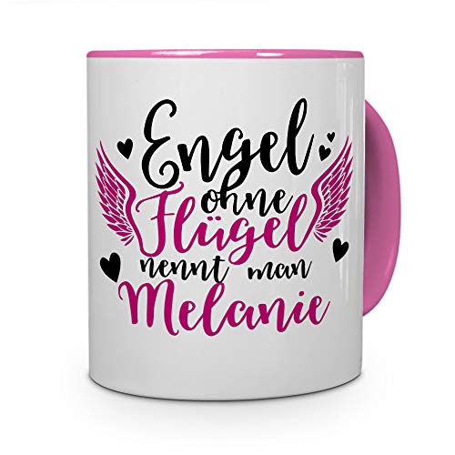 Tasse mit Namen Melanie - Motiv Engel - Namenstasse, Kaffeebecher, Mug, Becher, Kaffeetasse - Farbe Rosa von printplanet