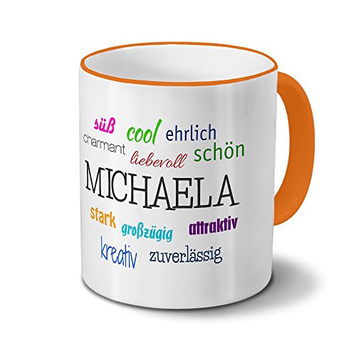 printplanet Tasse mit Namen Michaela - Positive Eigenschaften von Michaela - Namenstasse, Kaffeebecher, Mug, Becher, Kaffeetasse - Farbe Orange von printplanet