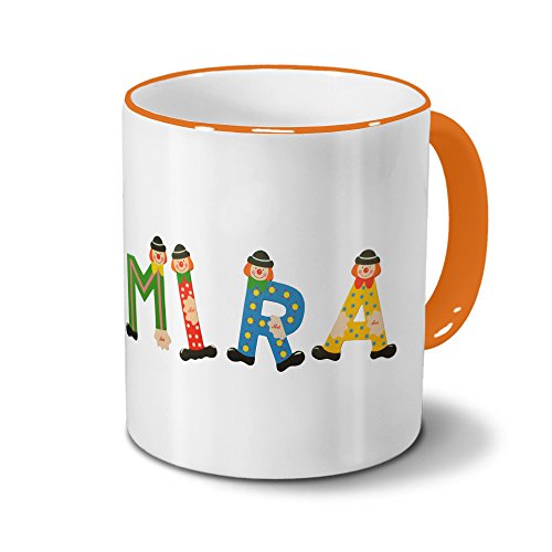 Tasse mit Namen Mira - Motiv Holzbuchstaben - Namenstasse, Kaffeebecher, Mug, Becher, Kaffeetasse - Farbe Orange von printplanet