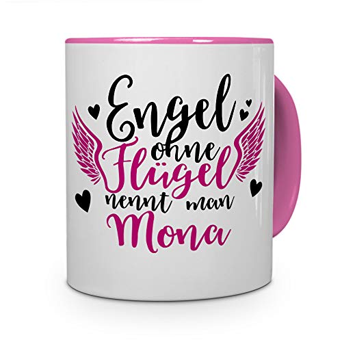 Tasse mit Namen Mona - Motiv Engel - Namenstasse, Kaffeebecher, Mug, Becher, Kaffeetasse - Farbe Rosa von printplanet