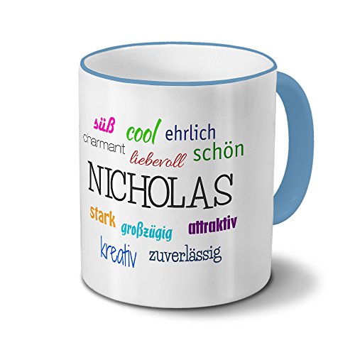 Tasse mit Namen Nicholas - Positive Eigenschaften von Nicholas - Namenstasse, Kaffeebecher, Mug, Becher, Kaffeetasse - Farbe Hellblau von printplanet