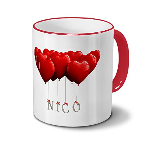 Tasse mit Namen Nico - Motiv Herzballons - Namenstasse, Kaffeebecher, Mug, Becher, Kaffeetasse - Farbe Rot von printplanet