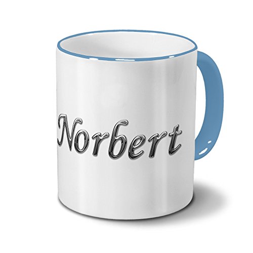 Tasse mit Namen Norbert - Motiv Chrom-Schriftzug - Namenstasse, Kaffeebecher, Mug, Becher, Kaffeetasse - Farbe Hellblau von printplanet