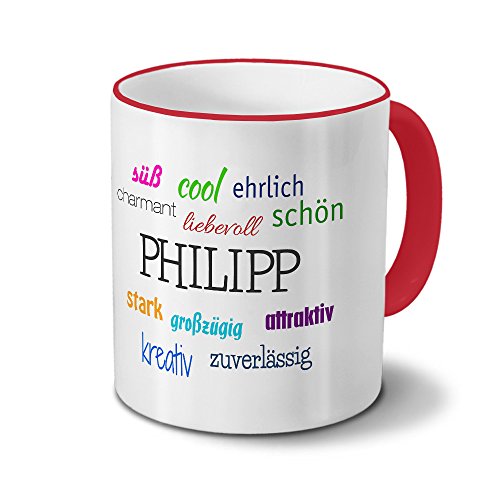 Tasse mit Namen Philipp - Positive Eigenschaften von Philipp - Namenstasse, Kaffeebecher, Mug, Becher, Kaffeetasse - Farbe Rot von printplanet