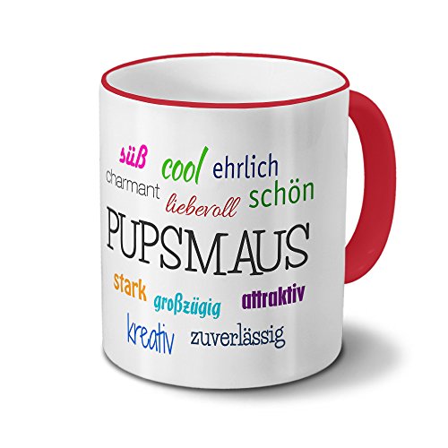 Tasse mit Namen Pupsmaus - Motiv Positive Eigenschaften - Namenstasse, Kaffeebecher, Mug, Becher, Kaffeetasse - Farbe Rot von printplanet