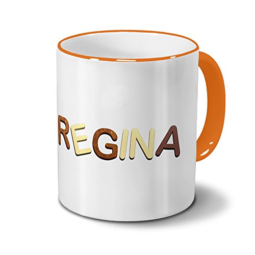 Tasse mit Namen Regina - Motiv Schokoladenbuchstaben - Namenstasse, Kaffeebecher, Mug, Becher, Kaffeetasse - Farbe Orange von printplanet