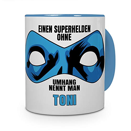 Tasse mit Namen Toni - Motiv Superhelden ohne Umhang - Namenstasse, Kaffeebecher, Mug, Becher, Kaffeetasse - Farbe Hellblau von printplanet