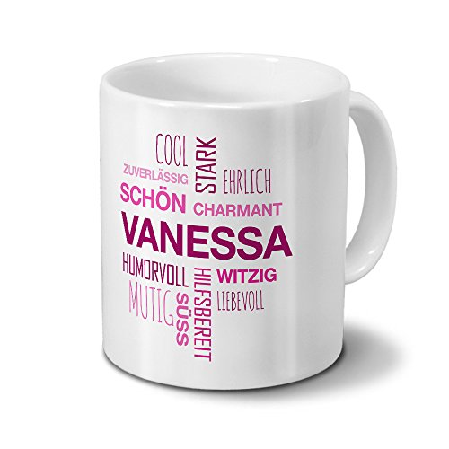 printplanet Tasse mit Namen Vanessa Positive Eigenschaften Tagcloud - Pink - Namenstasse, Kaffeebecher, Mug, Becher, Kaffeetasse von printplanet