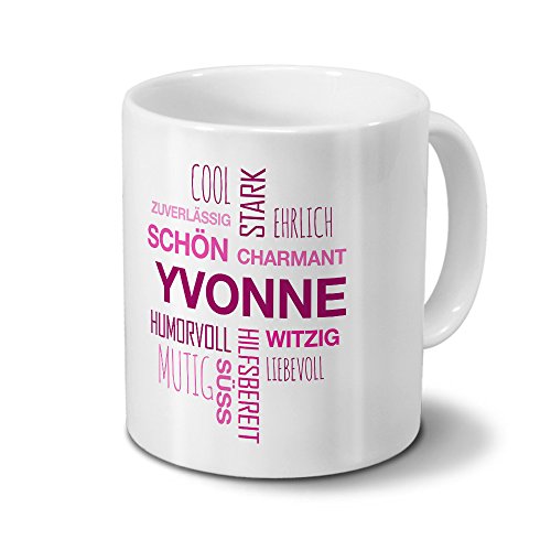 printplanet Tasse mit Namen Yvonne Positive Eigenschaften Tagcloud - Pink - Namenstasse, Kaffeebecher, Mug, Becher, Kaffeetasse von printplanet