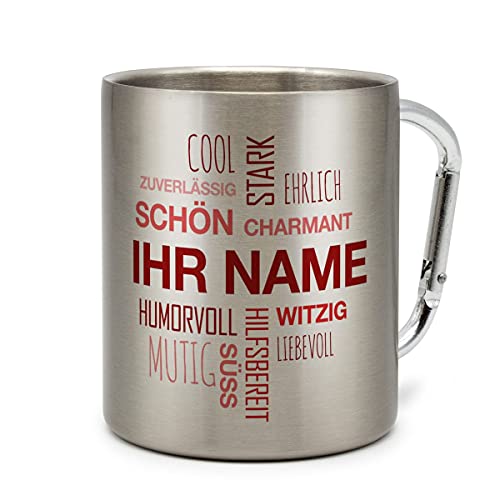 printplanet® - Edelstahltasse mit Karabinerhaken mit Namen Bedrucken - Namenstasse selbst gestalten - Motiv Positive Eigenschaften (Modern) Rot von printplanet