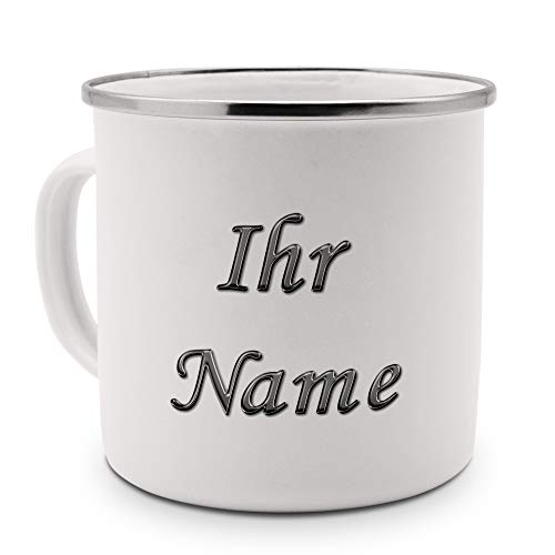 printplanet® Emaille-Tasse mit Namen personalisiert - Motiv Chrom-Schriftzug individuell gestalten - Farbvariante Silber von printplanet