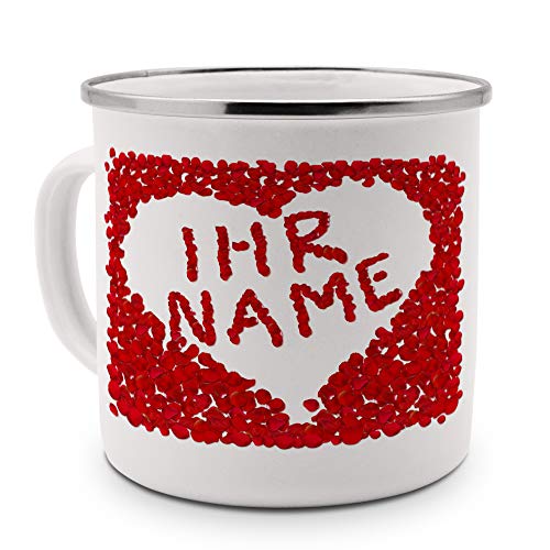 printplanet® Emaille-Tasse mit Namen personalisiert - Motiv Rosenherz individuell gestalten - Farbvariante Silber von printplanet