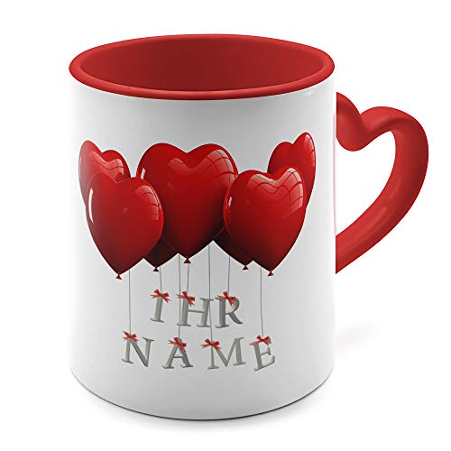 printplanet® - Herz-Tasse mit Namen oder Wunschtext Bedrucken - Namenstasse mit Herz-Henkel Personalisieren - Farbe: Rot - Motiv Herzballons von printplanet