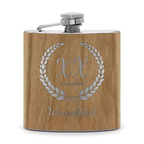 printplanet® - Holz Flachmann mit Name oder Text graviert - Schnaps-Flasche mit Namensgravur selbst gestalten - Motiv: Kranz von printplanet