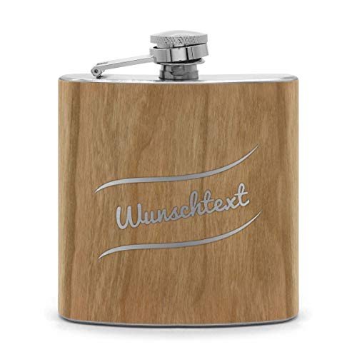 printplanet® - Holz Flachmann mit Name oder Text graviert - Schnaps-Flasche mit Namensgravur selbst gestalten - Motiv: Welle von printplanet