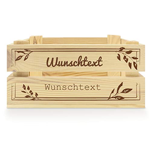 printplanet® - Holzkiste mit Name selbst gestalten - Holzkiste mit Text oder Wunschnamen Personalisieren und Bedrucken - Motiv : Blätter Label von printplanet