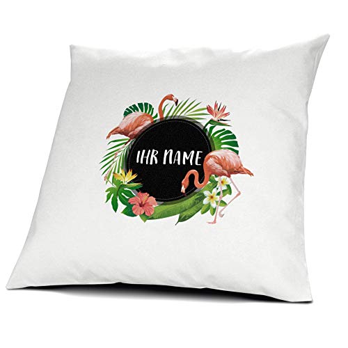 printplanet® Kissen mit Namen personalisiert - 100% Baumwoll Kopfkissen - Motiv Flamingo individuell gestalten - Kissenbezug inkl. Füllung - 40 x 40 cm von printplanet