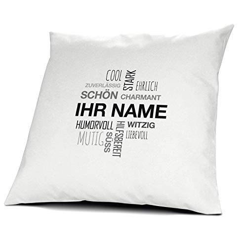 printplanet® Kissen mit Namen personalisiert - 100% Baumwoll Kopfkissen - Motiv Positive Eigenschaften (Cloud) Schwarz individuell gestalten - Kissenbezug inkl. Füllung - 40 x 40 cm von printplanet