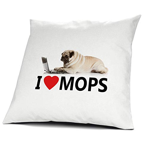 printplanet® Kopfkissen Mops, Kissen mit Füllung I Love Mops, 40 cm, 100% Baumwolle von printplanet