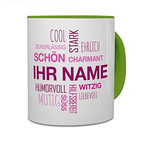 printplanet® Tasse mit Namen personalisiert - Motiv Positive Eigenschaften (Modern) Pink individuell gestalten - Farbvariante Grün von printplanet
