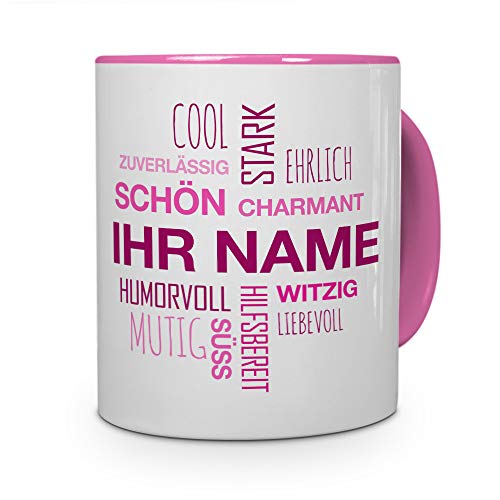 printplanet® Tasse mit Namen personalisiert - Motiv Positive Eigenschaften (Modern) Pink individuell gestalten - Farbvariante Rosa von printplanet