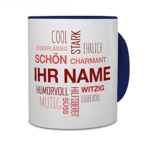 printplanet® Tasse mit Namen personalisiert - Motiv Positive Eigenschaften (Modern) Rot individuell gestalten - Farbvariante Blau von printplanet