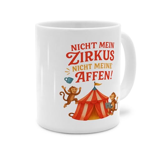 printplanet® Tasse mit Spruch „Nicht mein Zirkus - Nicht meine Affen“ – Kaffeebecher mit komplett weißem Design – Keramiktasse 325 ml – lustige Sprüche-Tasse für Büro & Zuhause – spülmaschinenfest von printplanet