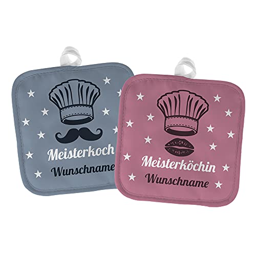 printplanet® - Topflappen mit Namen oder Text Bedrucken - Topf-Untersetzer 2er Set gestalten - Motiv: Meisterkoch und Meisterköchin von printplanet