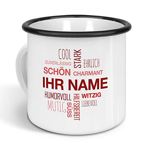 printplanet - Emaille-Tasse klein mit Namen personalisiert - Motiv Positive Eigenschaften (Modern) Rot - Nostalgie-Becher, Camping-Tasse, Blechtasse, Farbe Schwarz, 300ml von printplanet