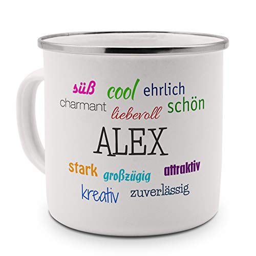 printplanet Emaille-Tasse mit Namen Alex - Metallbecher mit Design Positive Eigenschaften - Nostalgie-Becher, Camping-Tasse, Blechtasse, Farbe Silber von printplanet