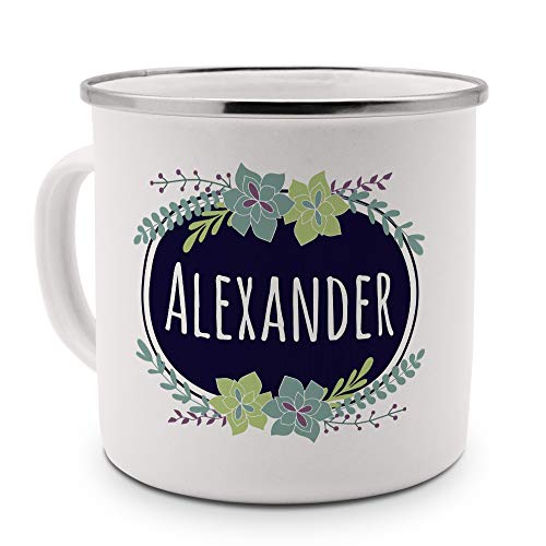 printplanet Emaille-Tasse mit Namen Alexander - Metallbecher mit Design Flowers - Nostalgie-Becher, Camping-Tasse, Blechtasse, Farbe Silber von printplanet