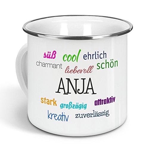 printplanet - Emaille-Tasse mit Namen Anja - Metallbecher mit Design Positive Eigenschaften - Nostalgie-Becher, Camping-Tasse, Blechtasse, Farbe Silber, 300ml von printplanet