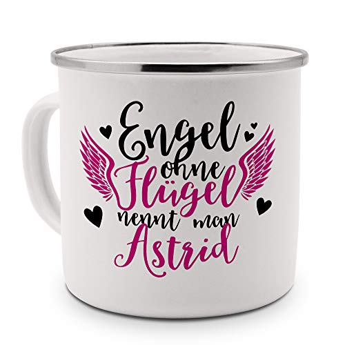 printplanet - Emaille-Tasse mit Namen Astrid - Metallbecher mit Design Engel - Nostalgie-Becher, Camping-Tasse, Blechtasse, Farbe Silber, 400ml von printplanet