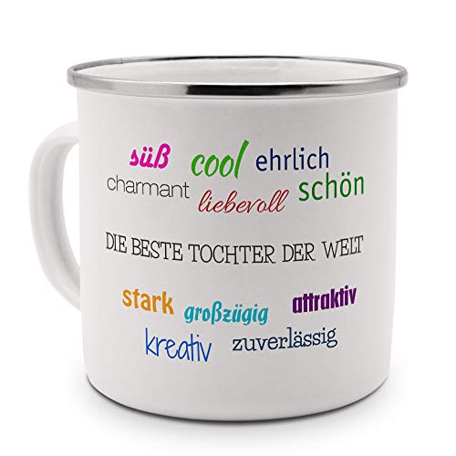 printplanet Emaille-Tasse mit Namen Beste Tochter der Welt - Metallbecher mit Design Positive Eigenschaften - Nostalgie-Becher, Camping-Tasse, Blechtasse, Farbe Silber von printplanet