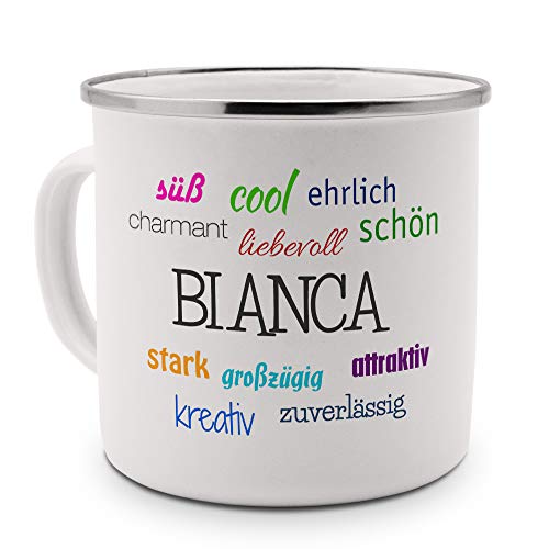 printplanet Emaille-Tasse mit Namen Bianca - Metallbecher mit Design Positive Eigenschaften - Nostalgie-Becher, Camping-Tasse, Blechtasse, Farbe Silber von printplanet